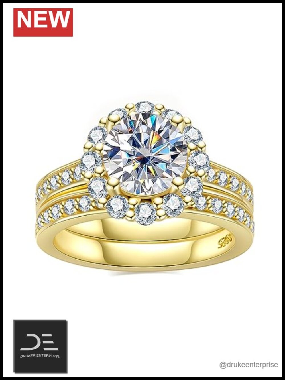 Moissanite Wedding Ring Set 14K Yellow Gold Plated 925 Silver Rings for Women